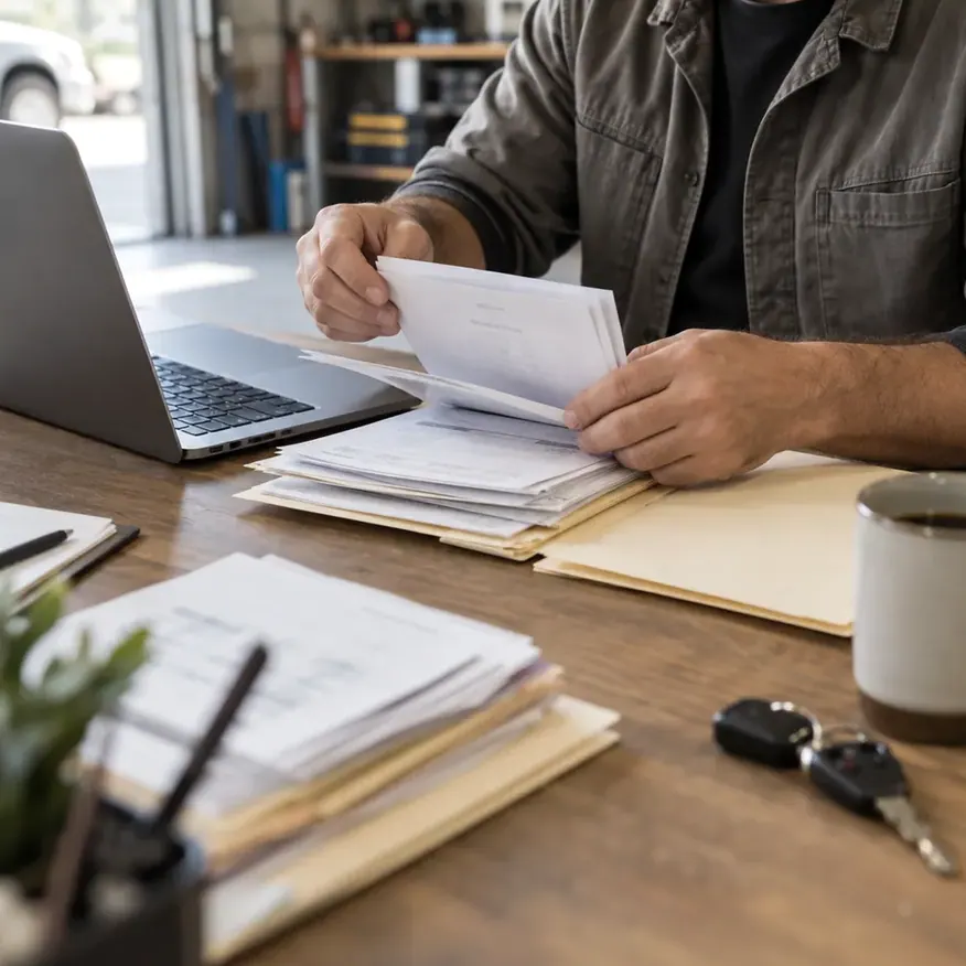 Hands sorting invoices into folders next to a laptop and car keys