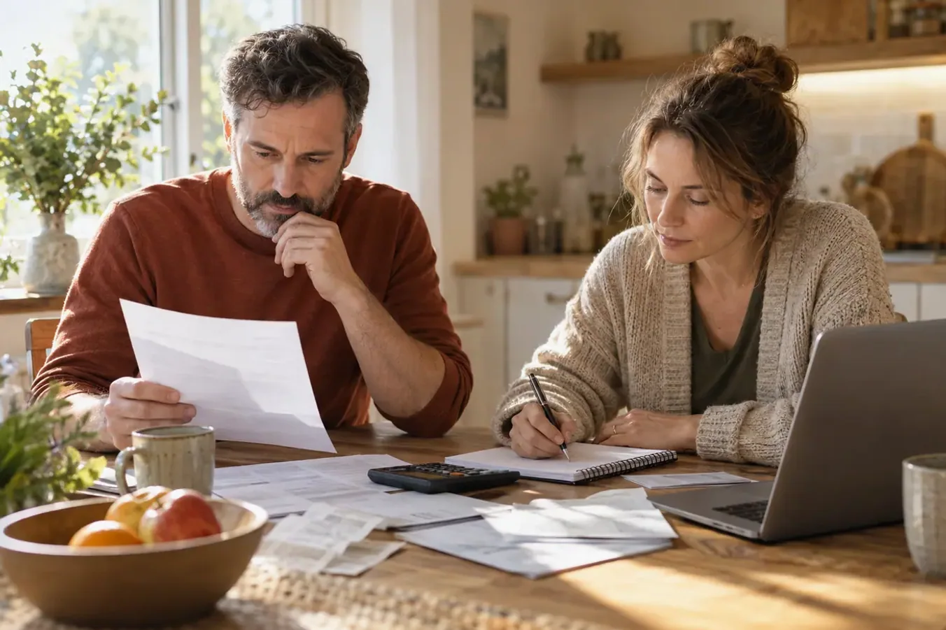 Two people at a kitchen table going through bills with a notebook, calculator and laptop