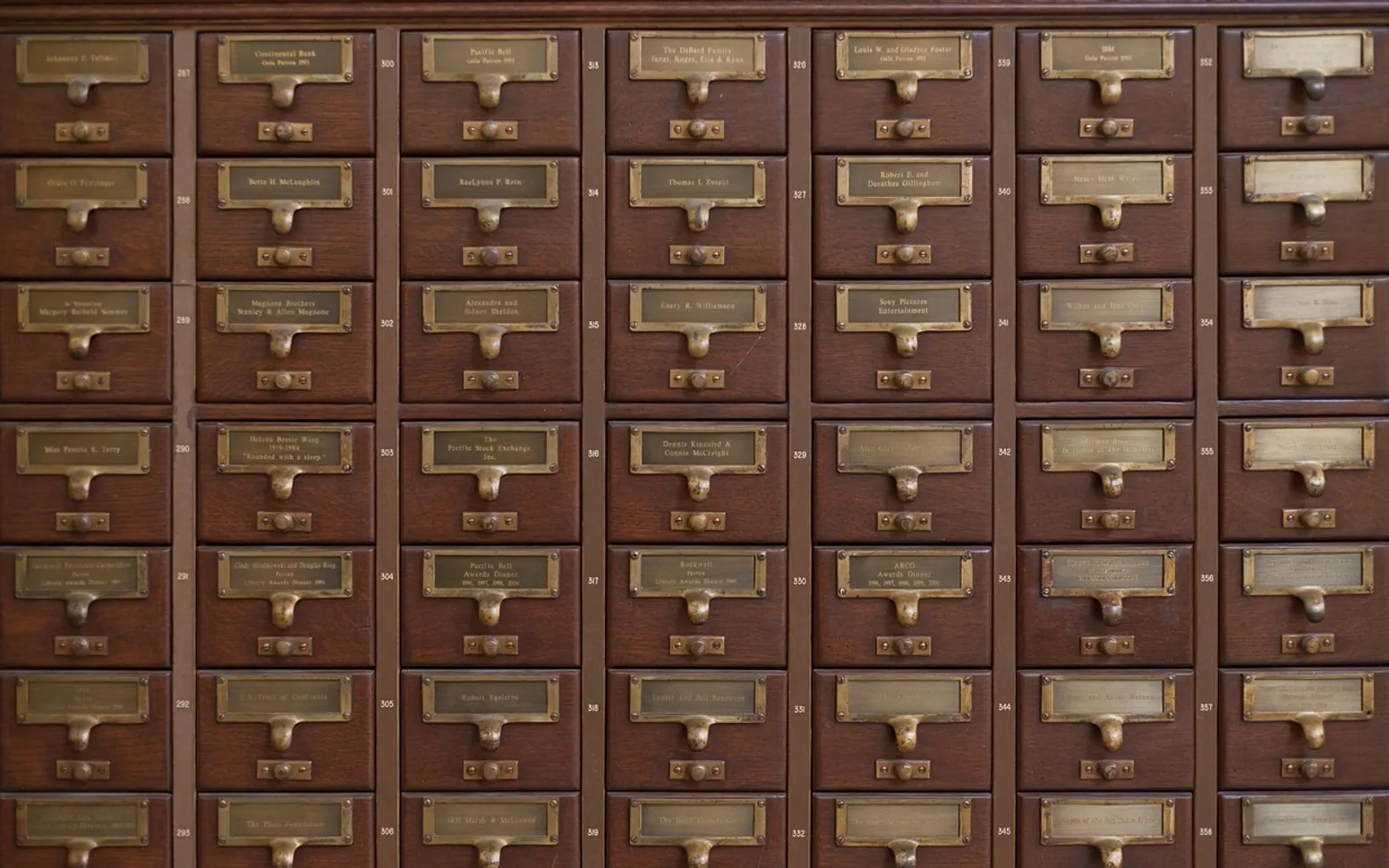 Card catalog, drawers and wood
